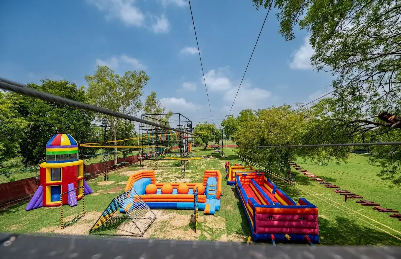 Inflatables and kids zone overview at Roadies Rostel resort