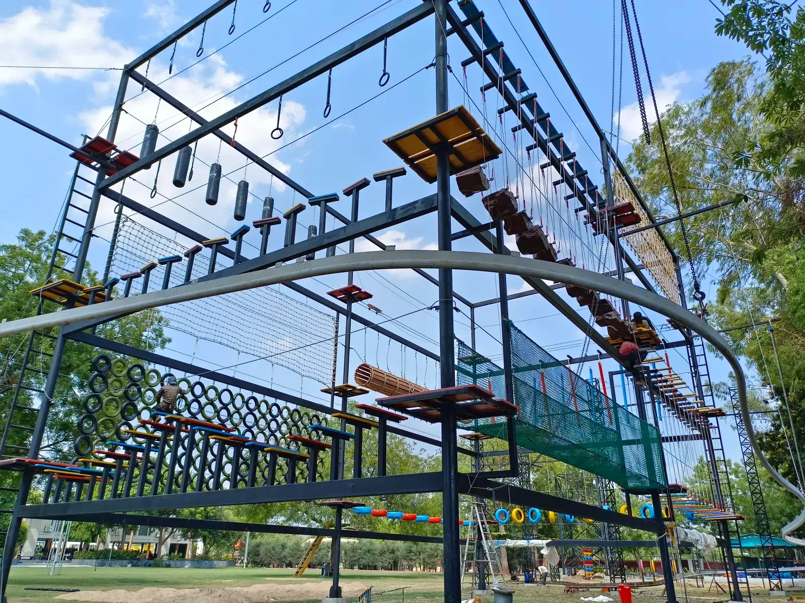 Multi-level ropes course structure detail at Roadies Rostel, Ahmedabad