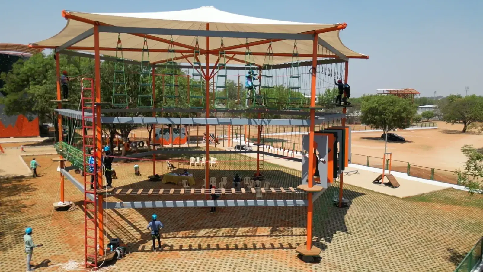 Two-floor ropes course structure on the Sreenidhi campus