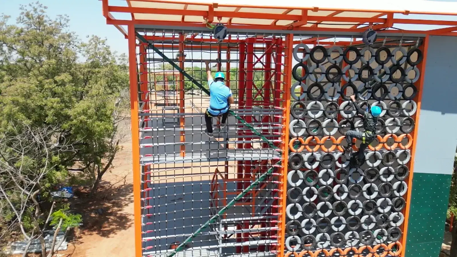 Adventure tower with climbing wall and net levels at Sreenidhi International School, Hyderabad