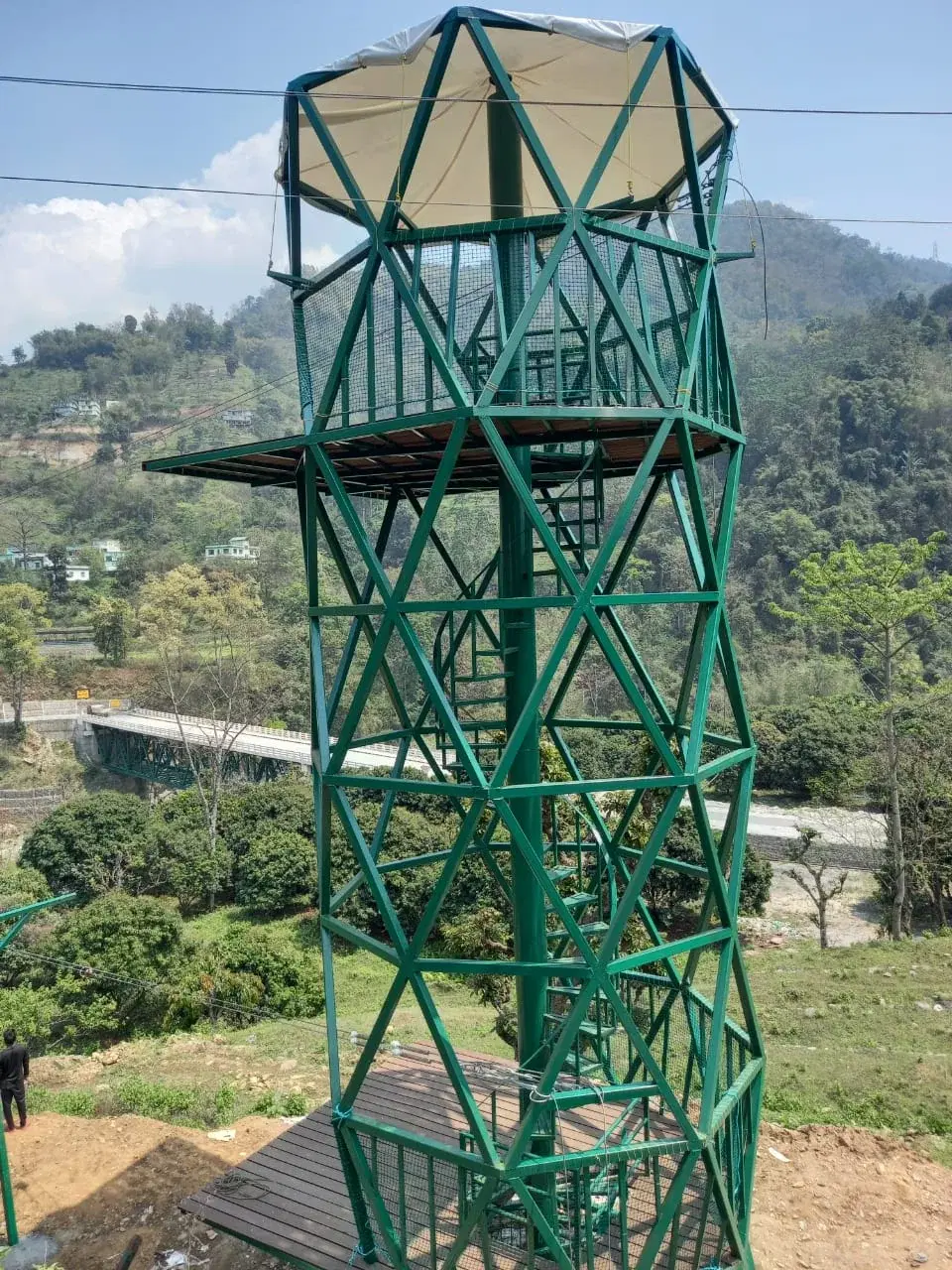 Zipline tower overlooking the river valley at Kitchidumra, Sikkim