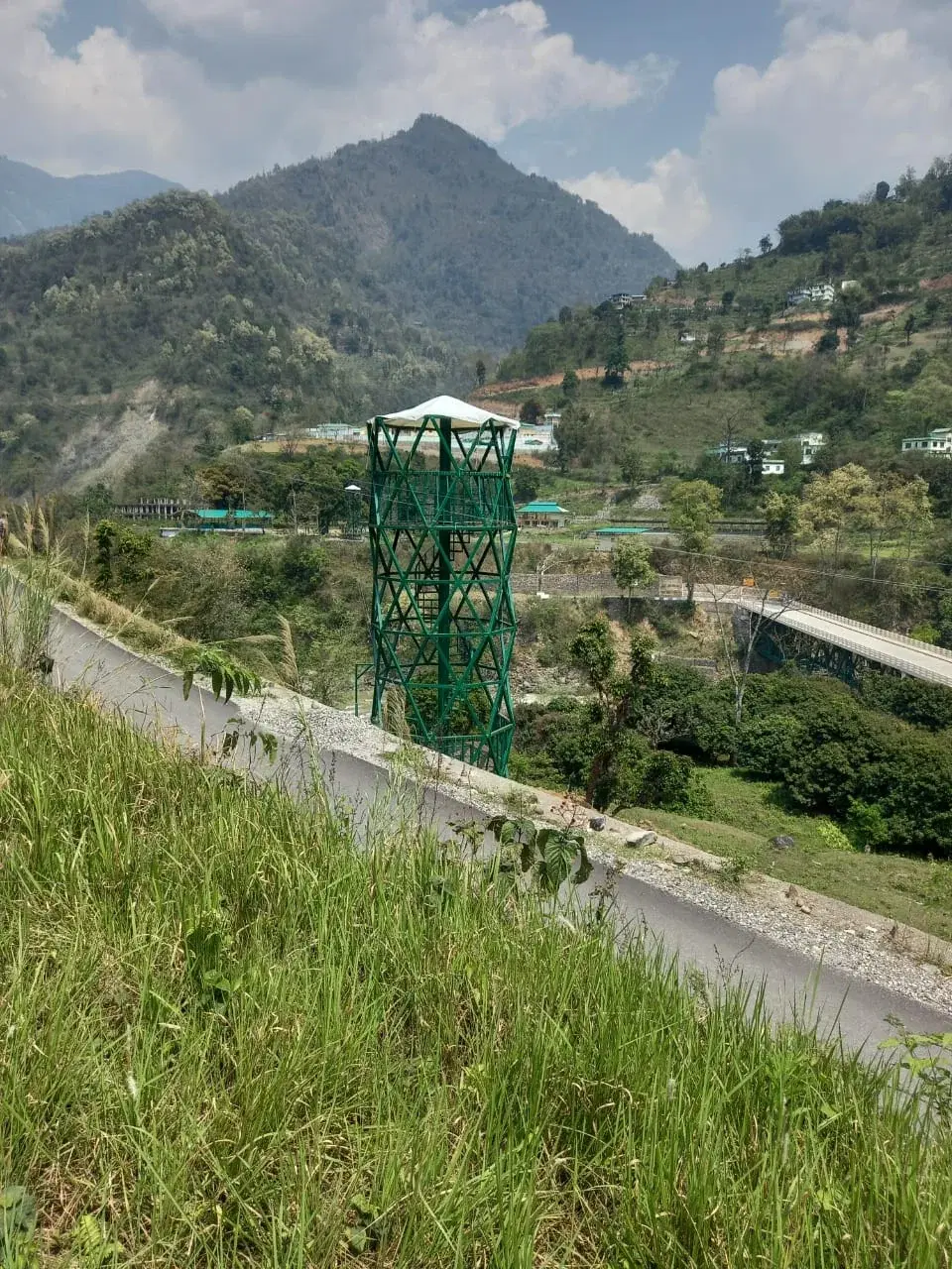 Wide view of the 220 m river zipline tower, Namchi Forest Department project