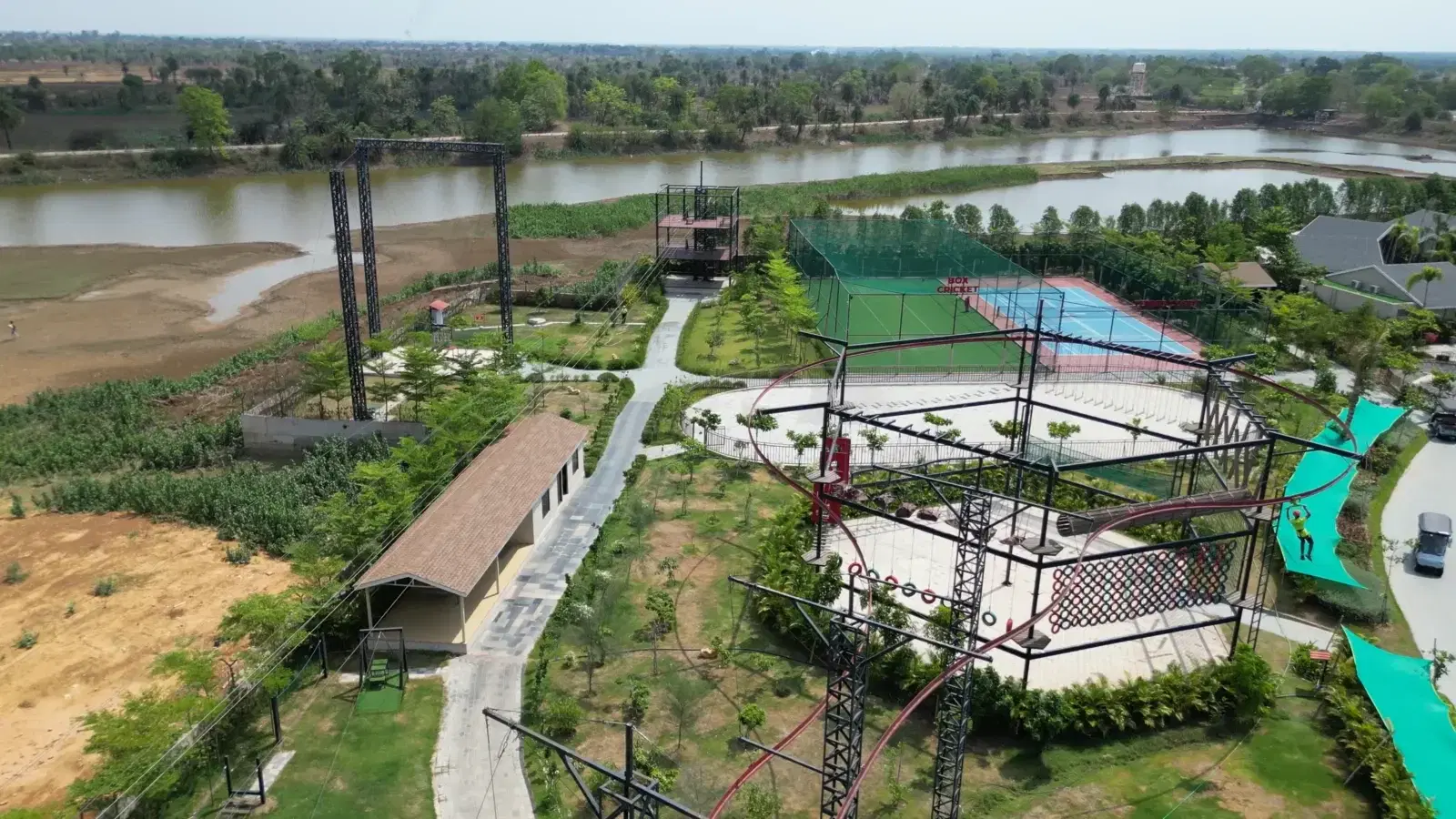 Aerial view of the Maira Resort adventure park, Raipur — among India’s largest in-resort parks