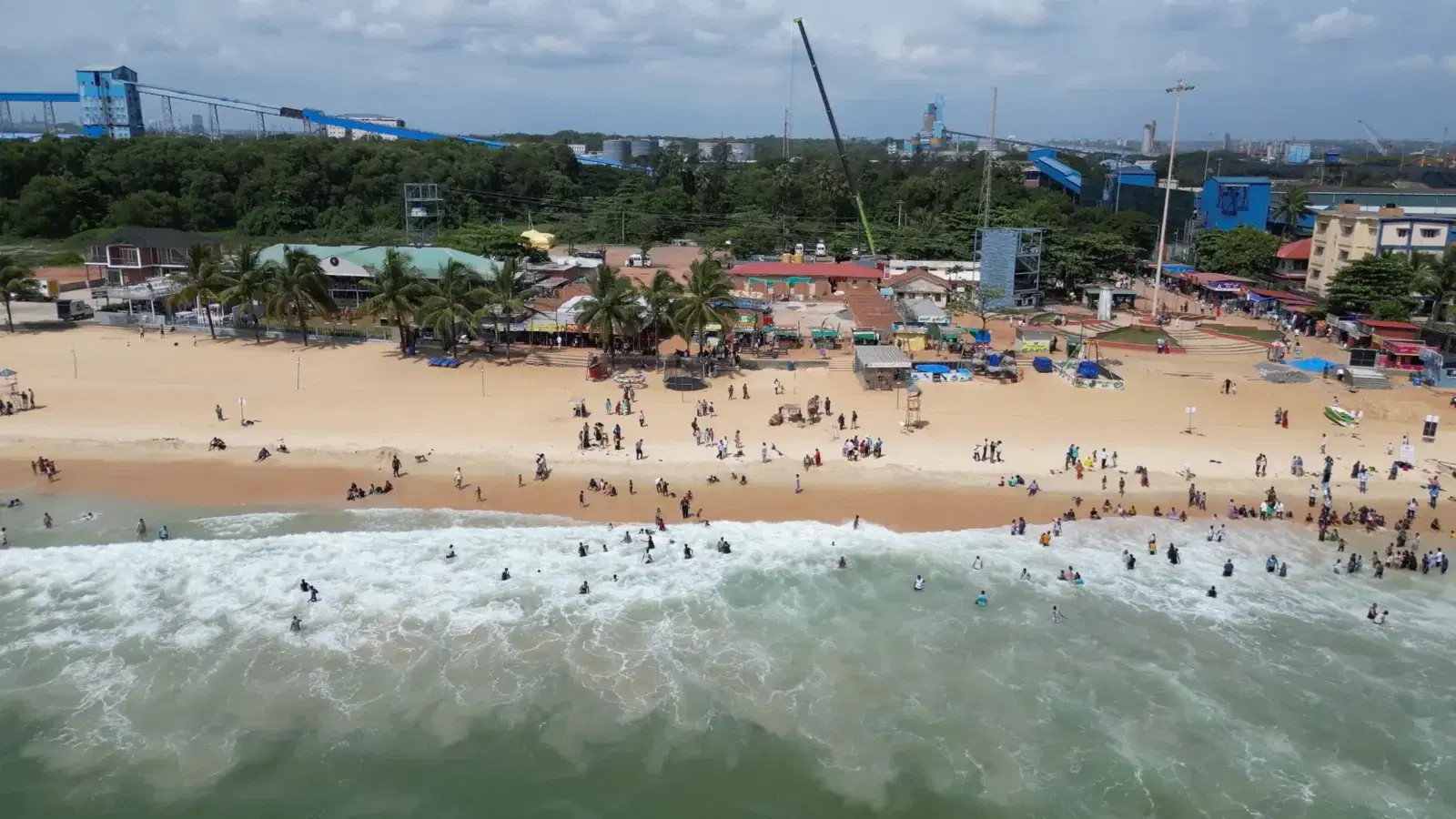 Aerial view of Panambur Beach with the Teammanthras adventure tower, Mangalore