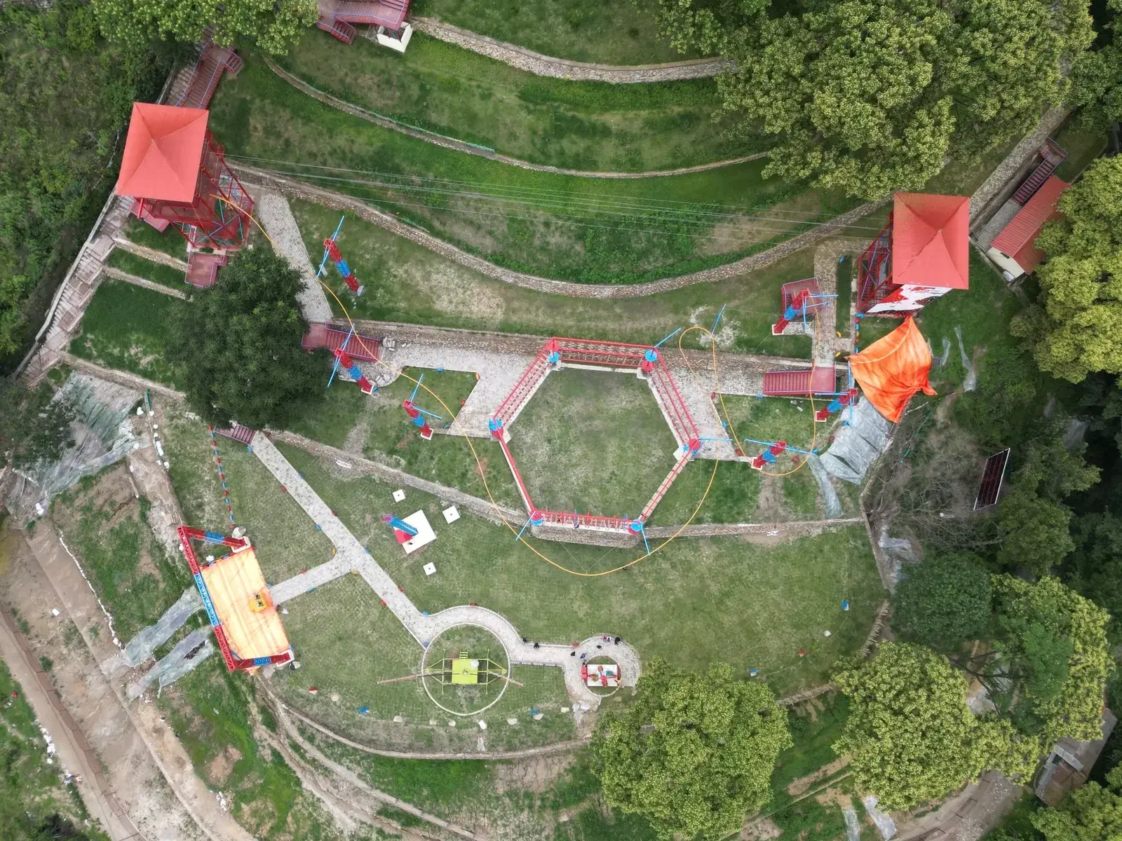 Aerial view of the Choudhary Group adventure park integrated into contour-heavy Kathmandu terrain