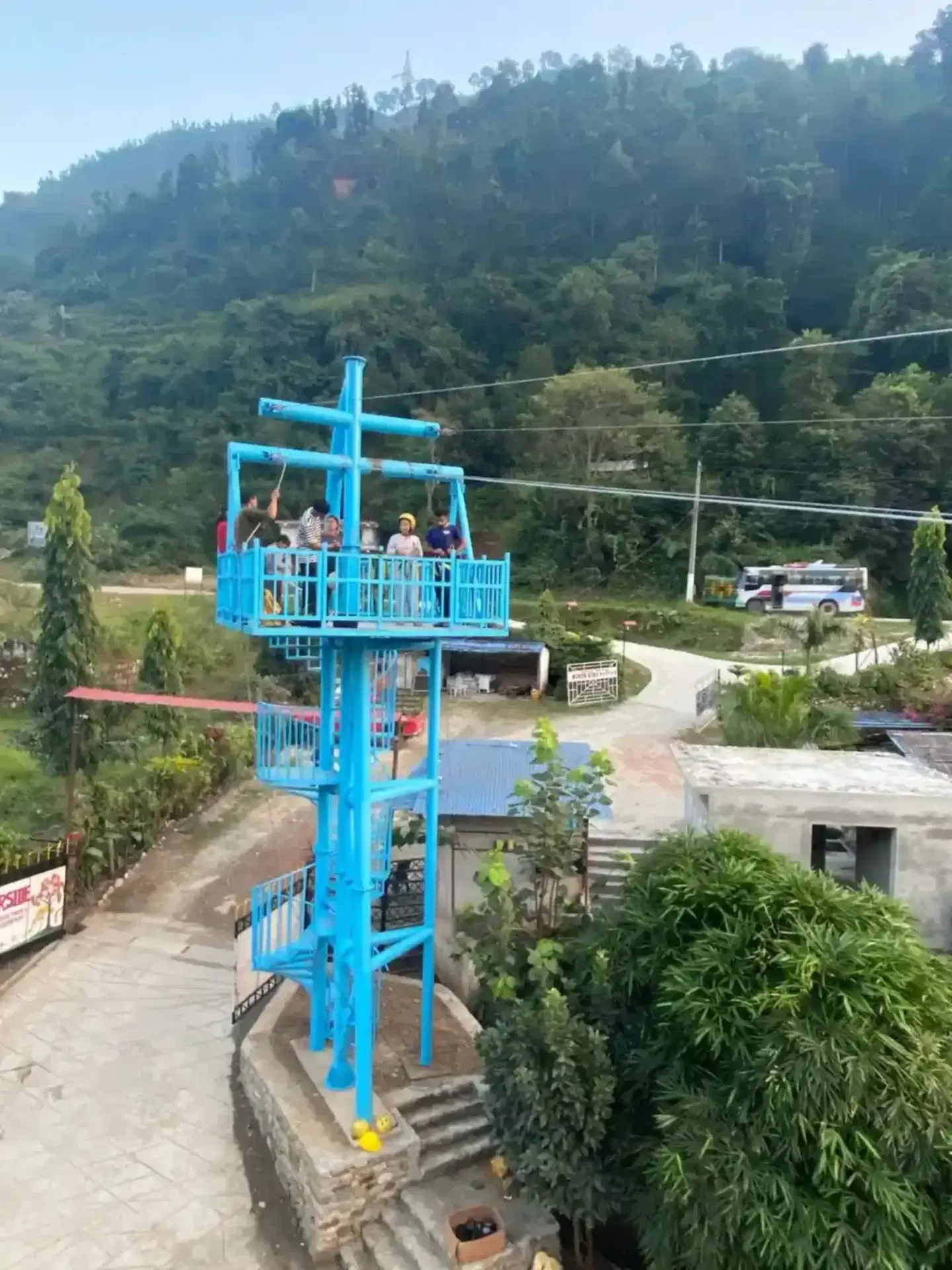 Zipline launch tower above the Trishuli river valley at Trishuli River Resort, Nepal