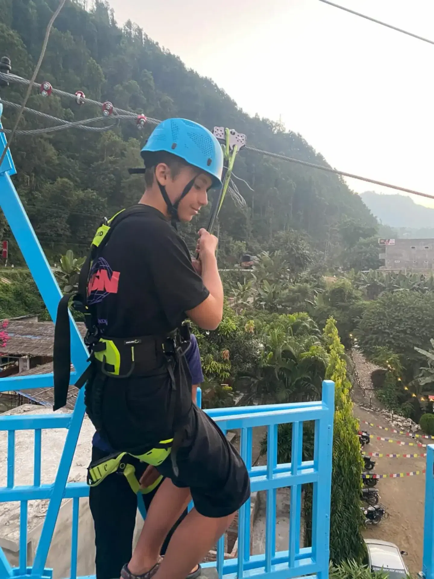 Rider geared up before the Trishuli river zipline crossing
