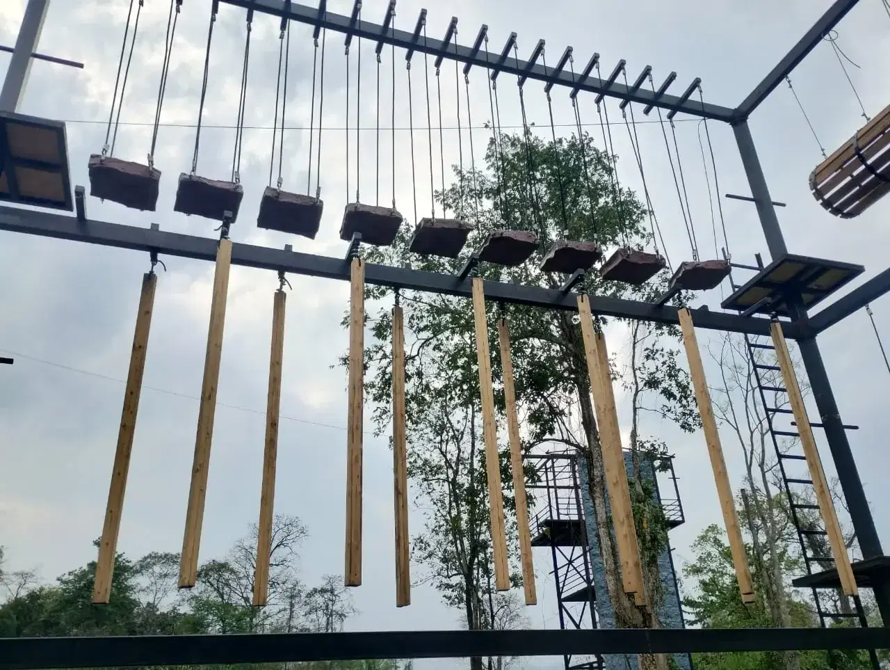 Hanging log ropes elements at the WRD adventure park, Miao