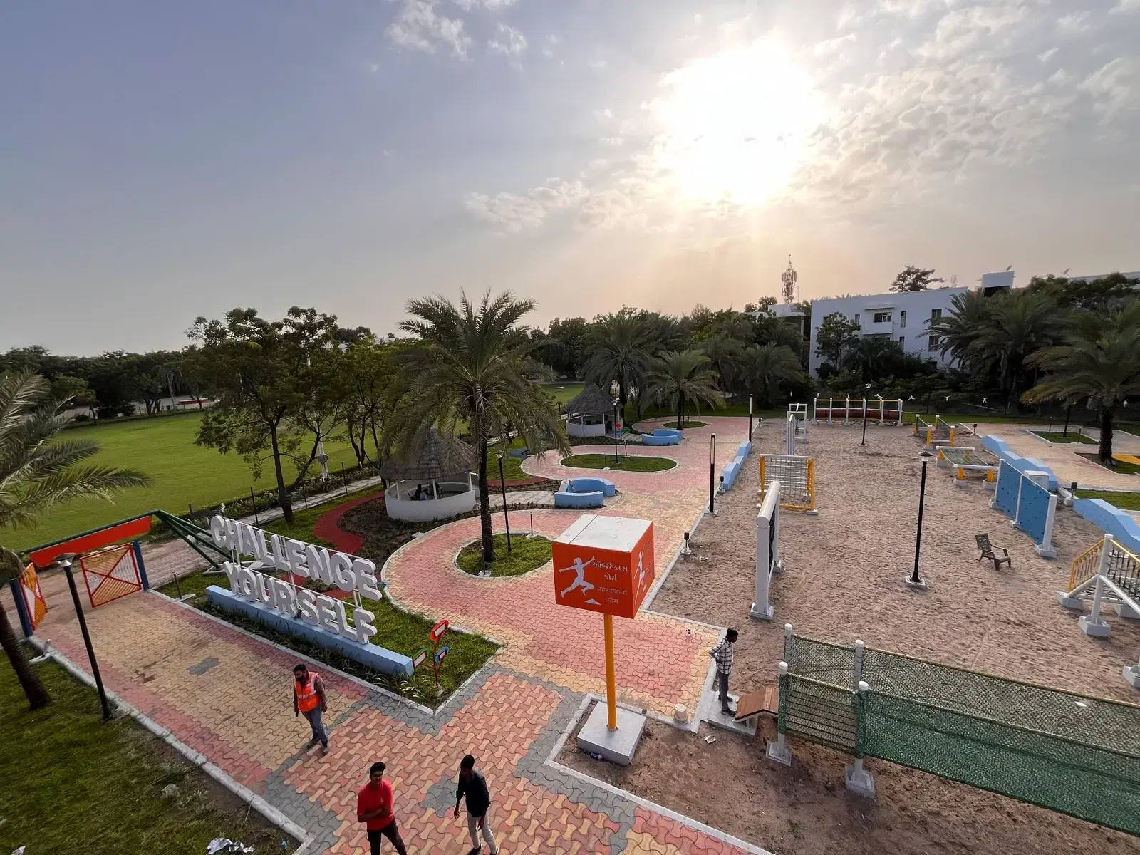Aerial view of the Adani Mundra employee adventure zone with obstacle course and activity structures