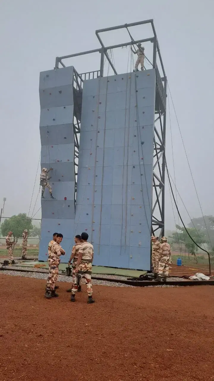 ITBP personnel training on the relocatable climbing wall at Khurda