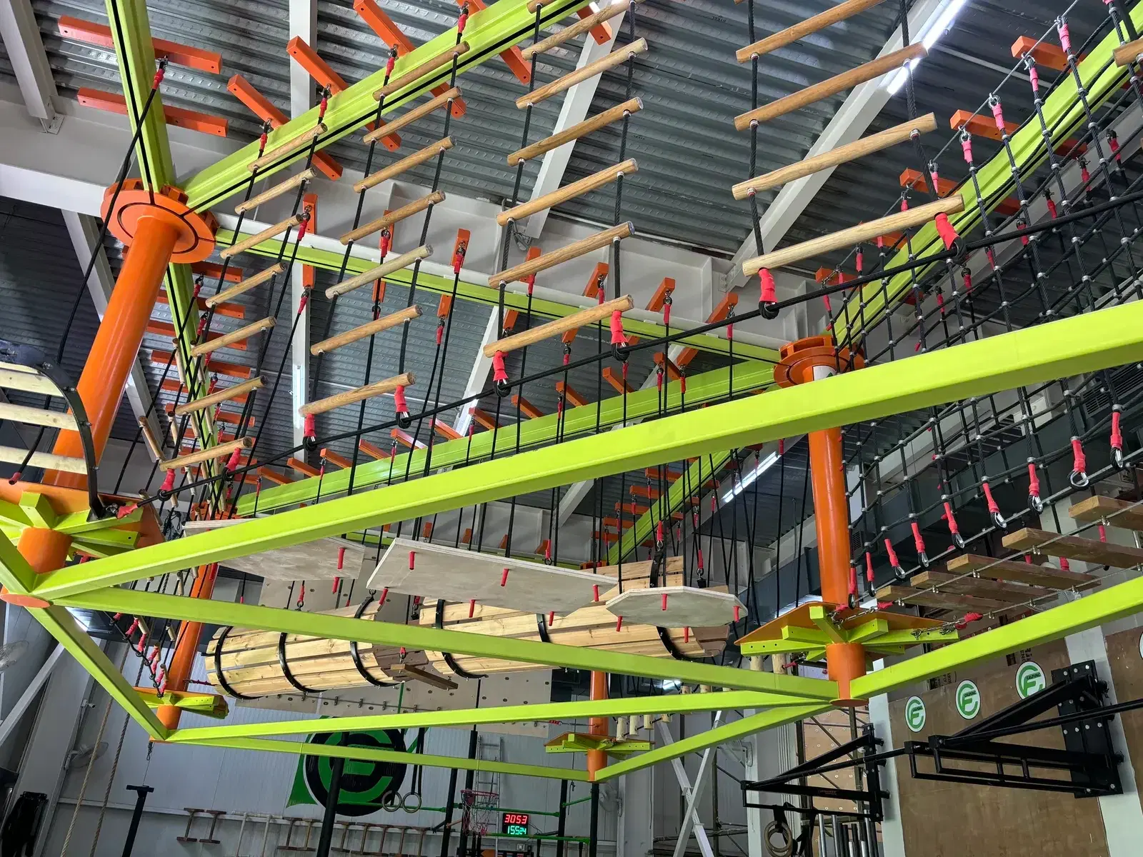 Ropes course elements and hanging ropes at Climb Central, Delhi