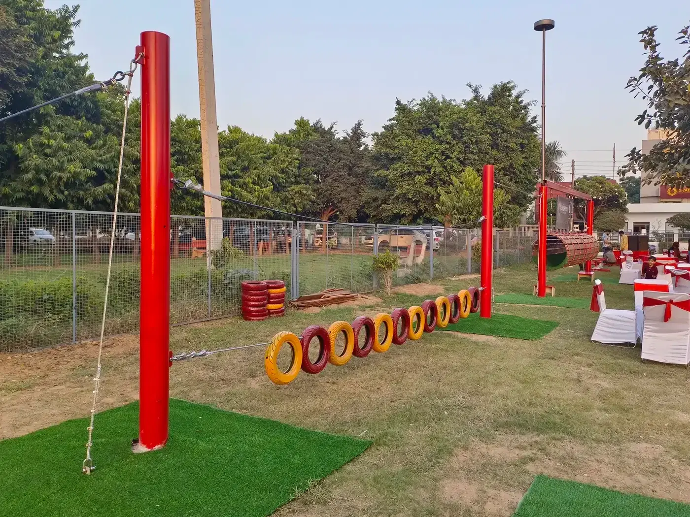 Overview of the 8-element kids obstacle course at Swadhyay School, Manesar